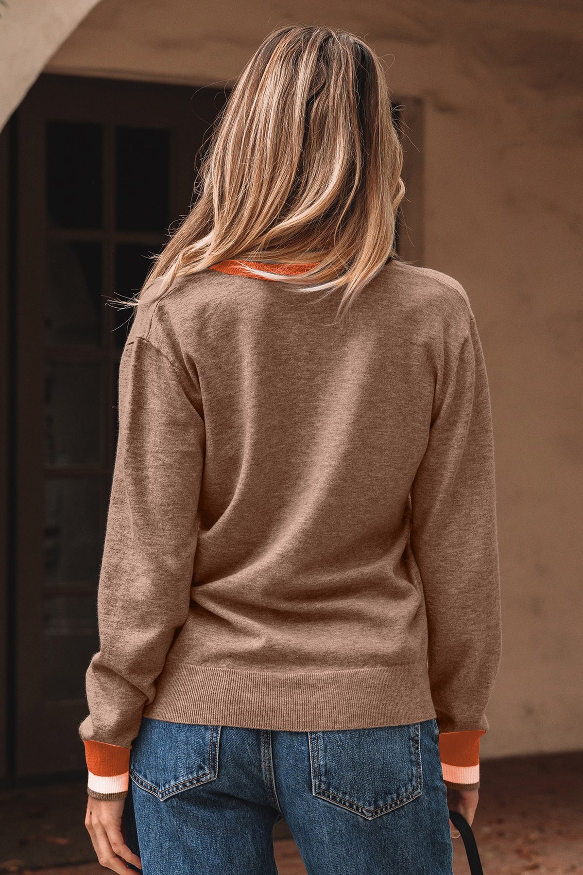 Dark khaki contrast collar V-neck top