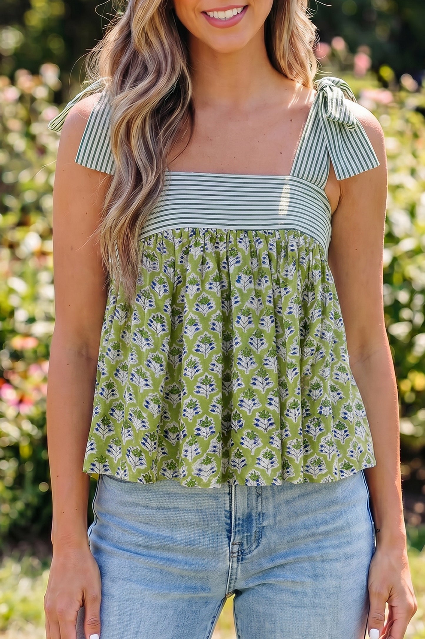 Green Floral Knot Top