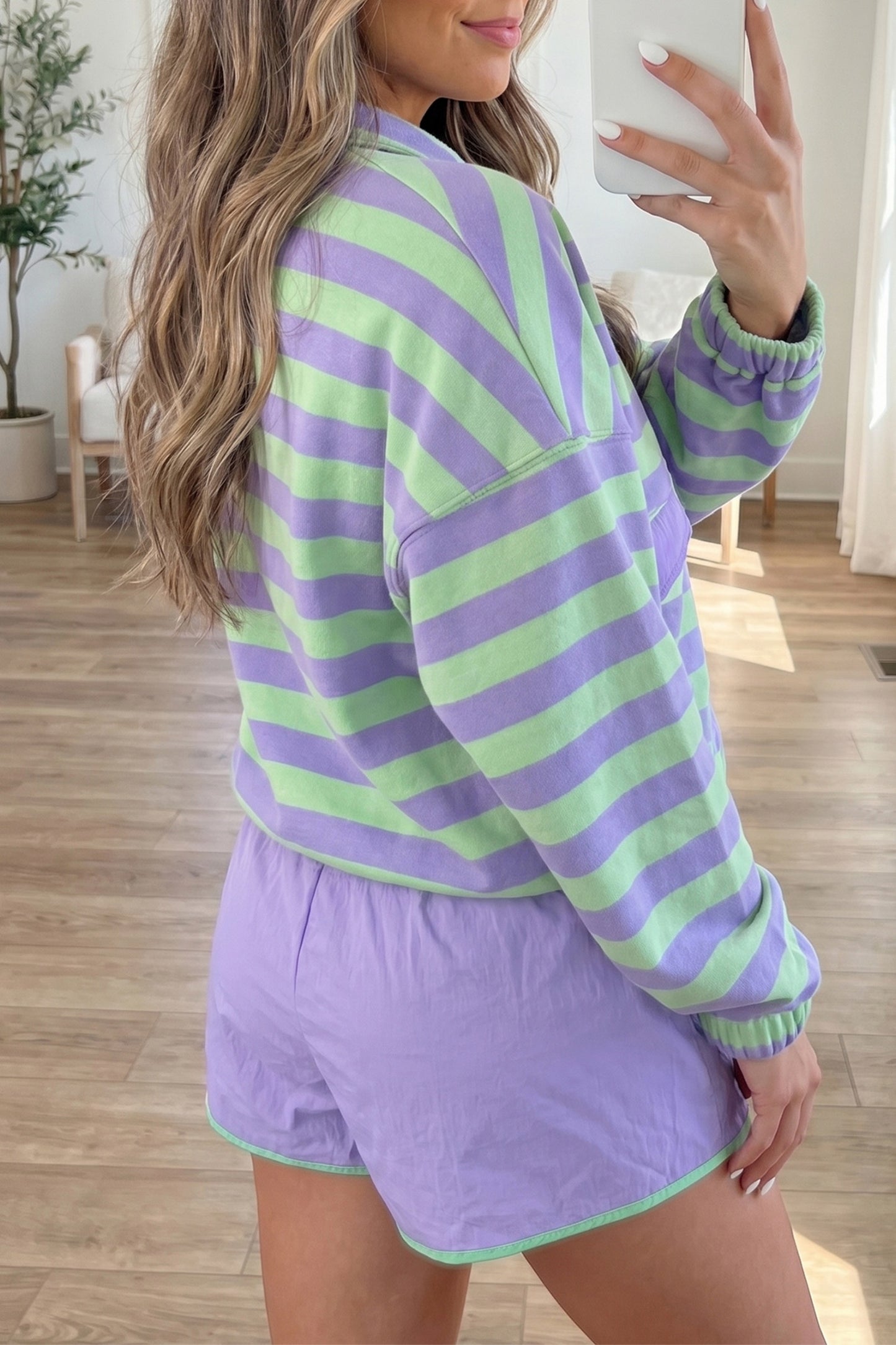 Purple Stripe Snap Button Long Sleeve Set
