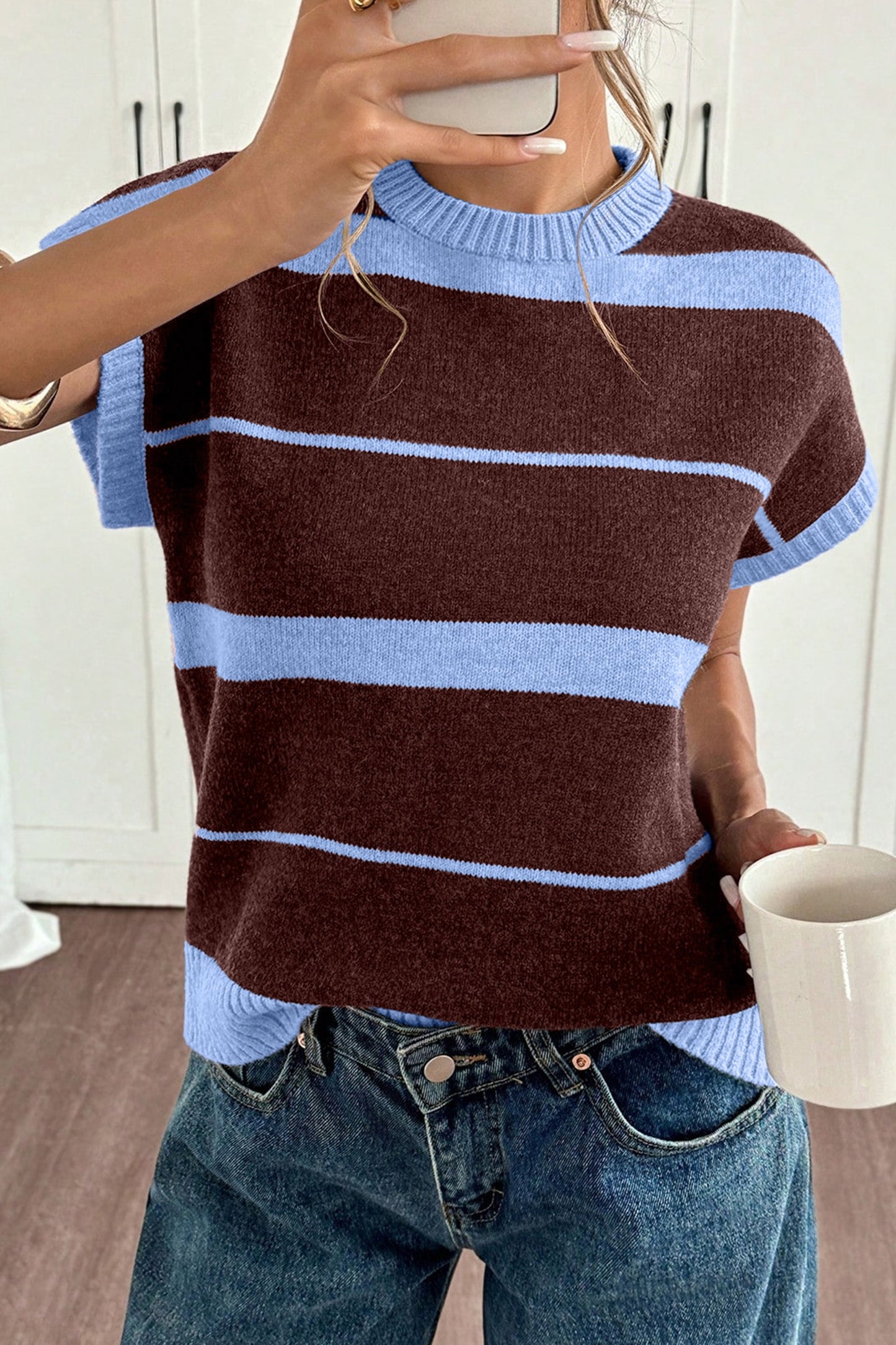 Blue and Brown Knit Top