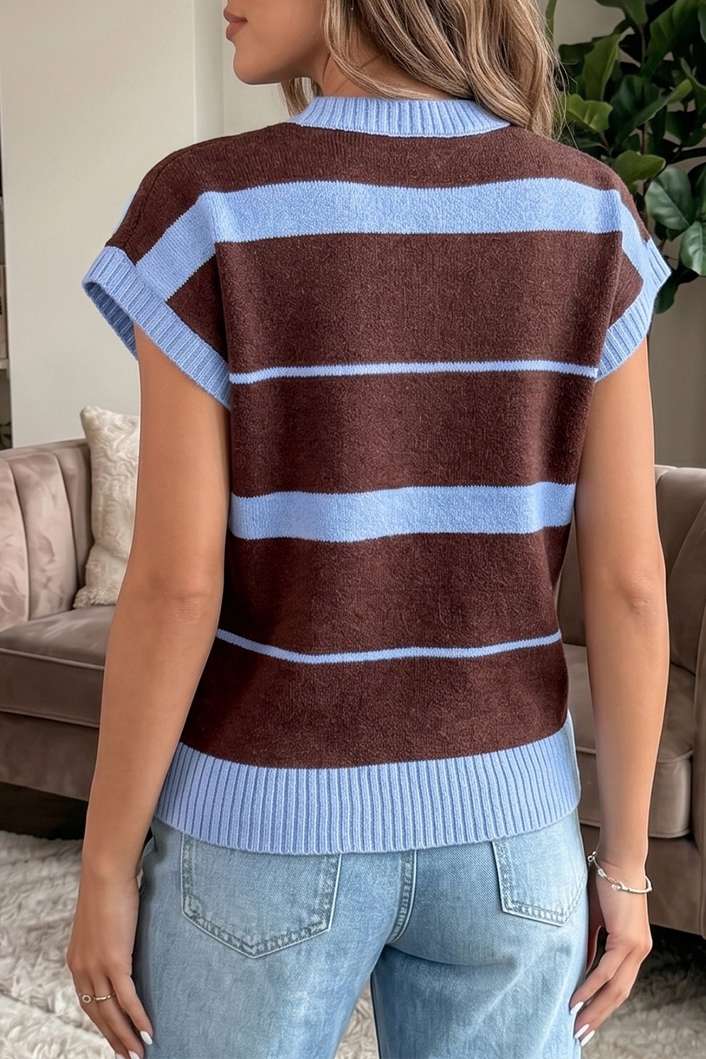 Blue and Brown Knit Top